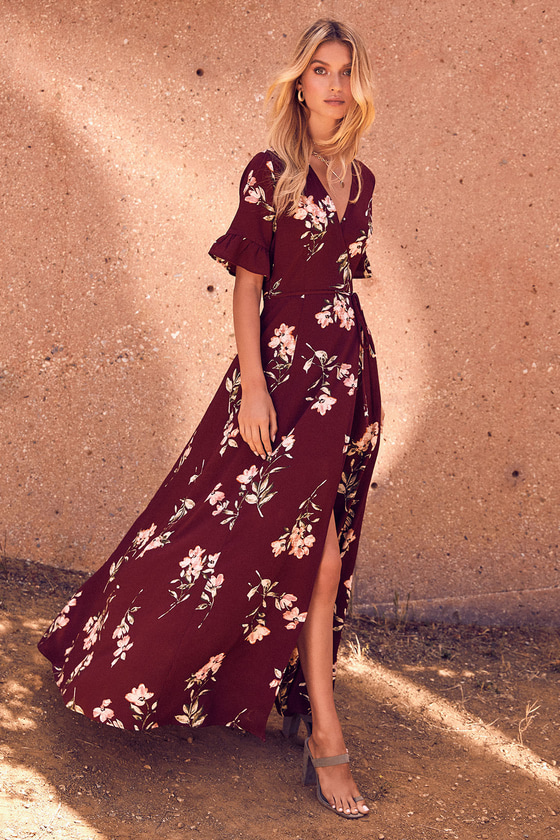 Cute Burgundy Maxi Dress - Floral Print ...